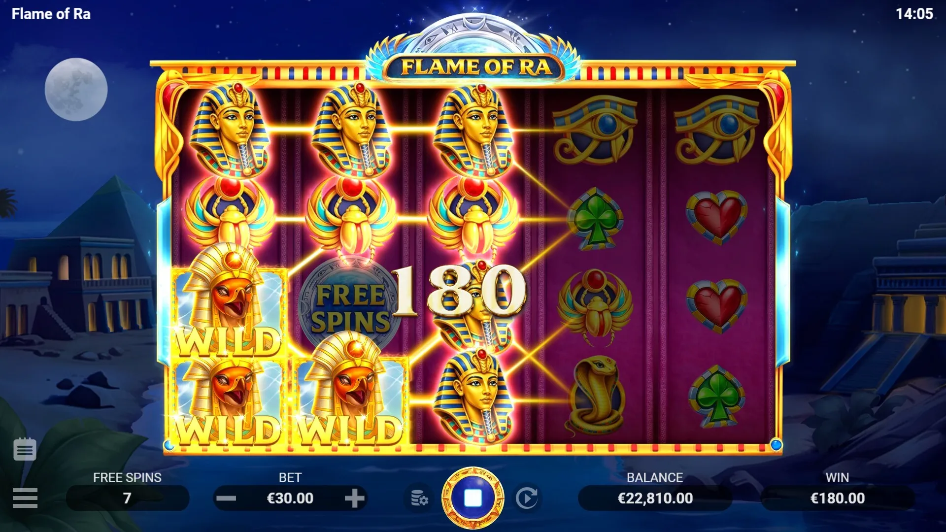 Flame of Ra reel grid and Egyptian symbols